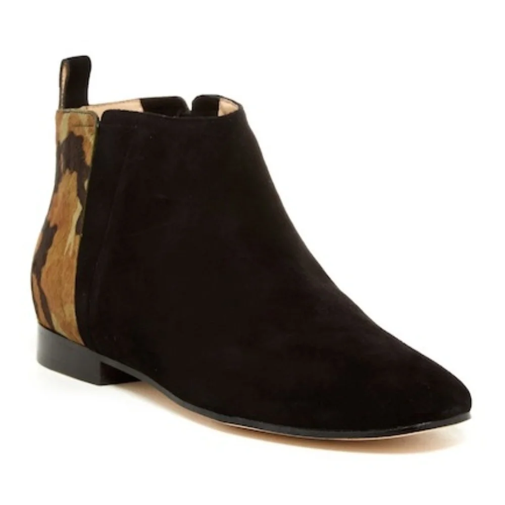 COLE HAAN Embury Bootie Black Suede/Green Camo pony hair & calf leather size 7